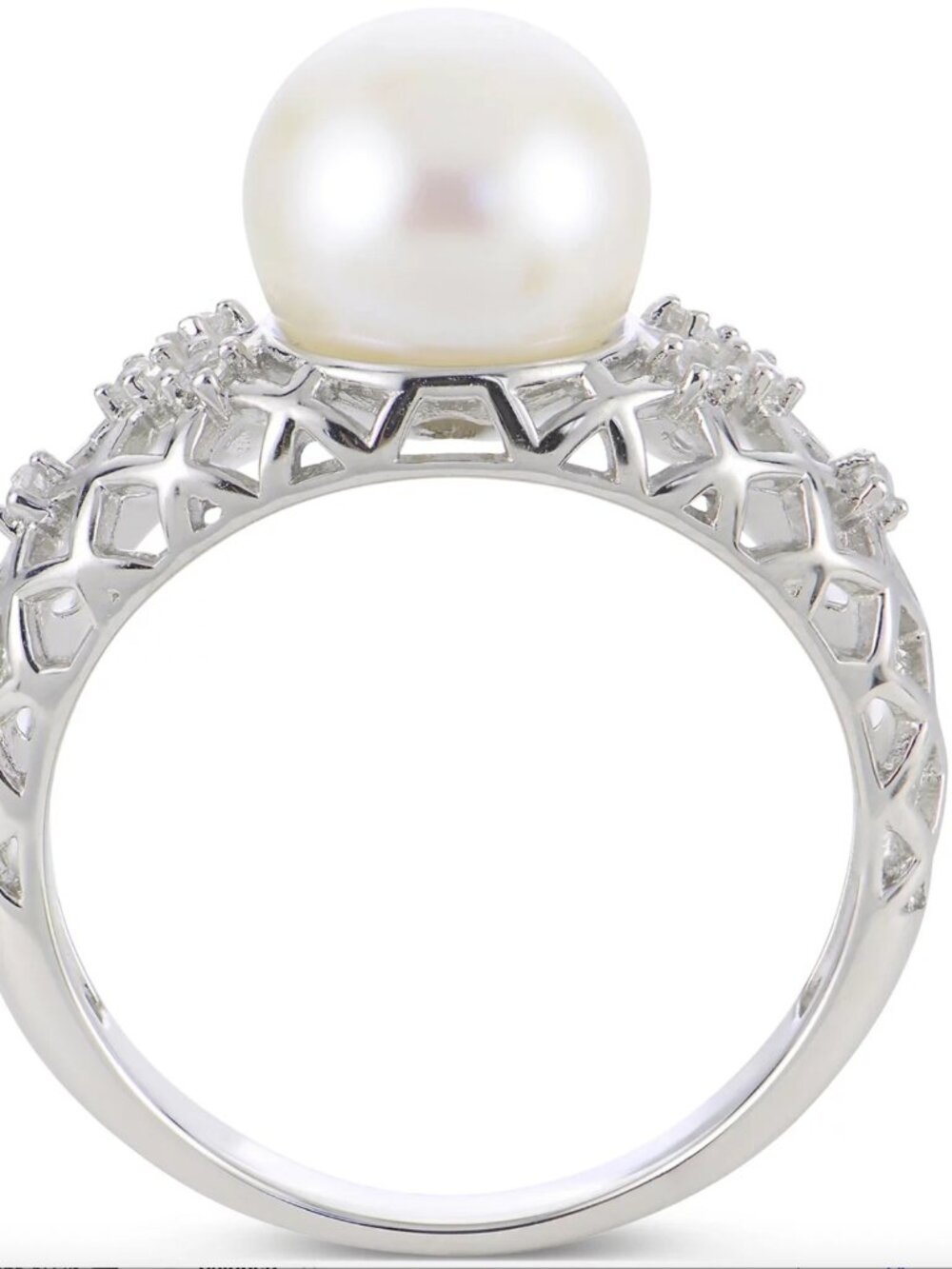 Cultured Freshwater Pearl & Lab White Sapphire Ring in Sterling Silver